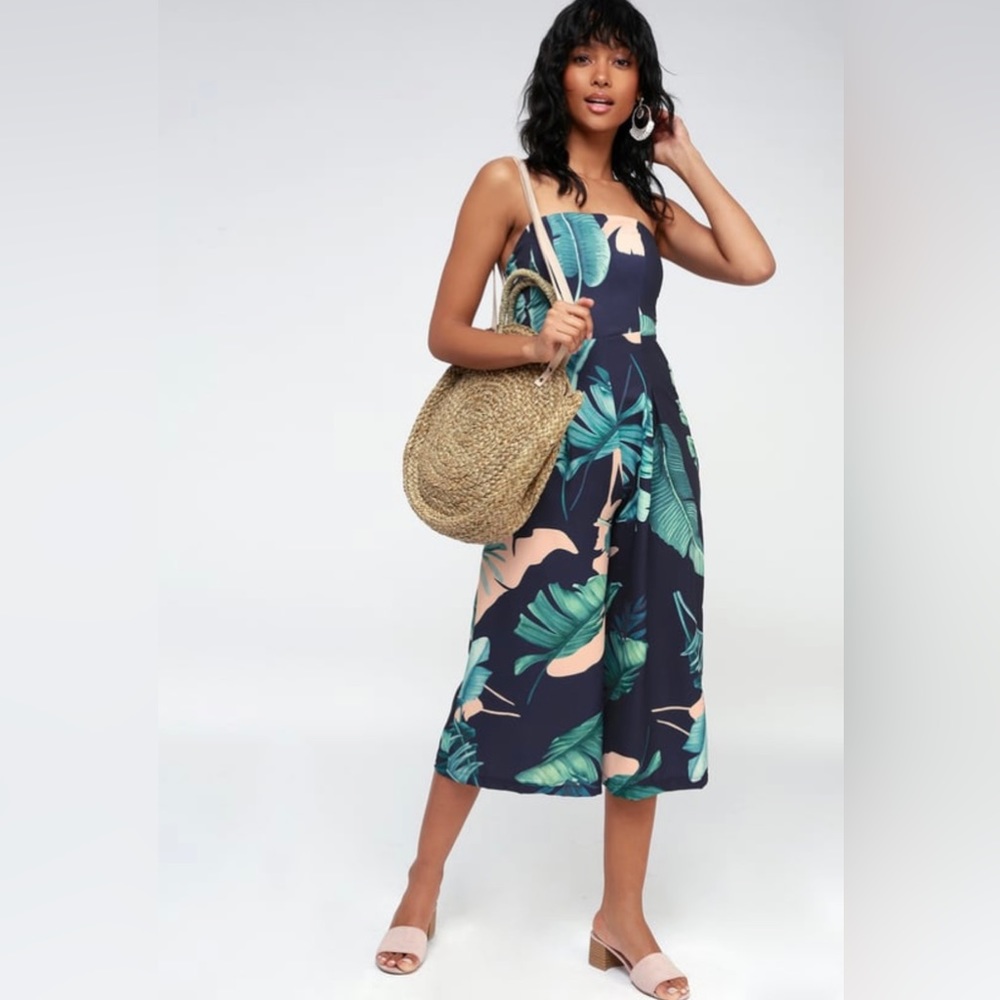 Lulus rainforest blooms navy blue print strapless midi jumpsuit